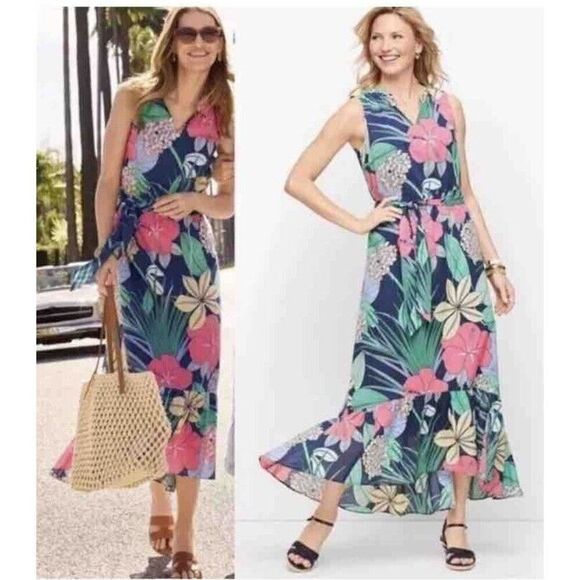 Talbots Voile Hibiscus Maxi Dress Women's Sz 14 Tropical Drop Waist Notch Neck - Picture 1 of 9